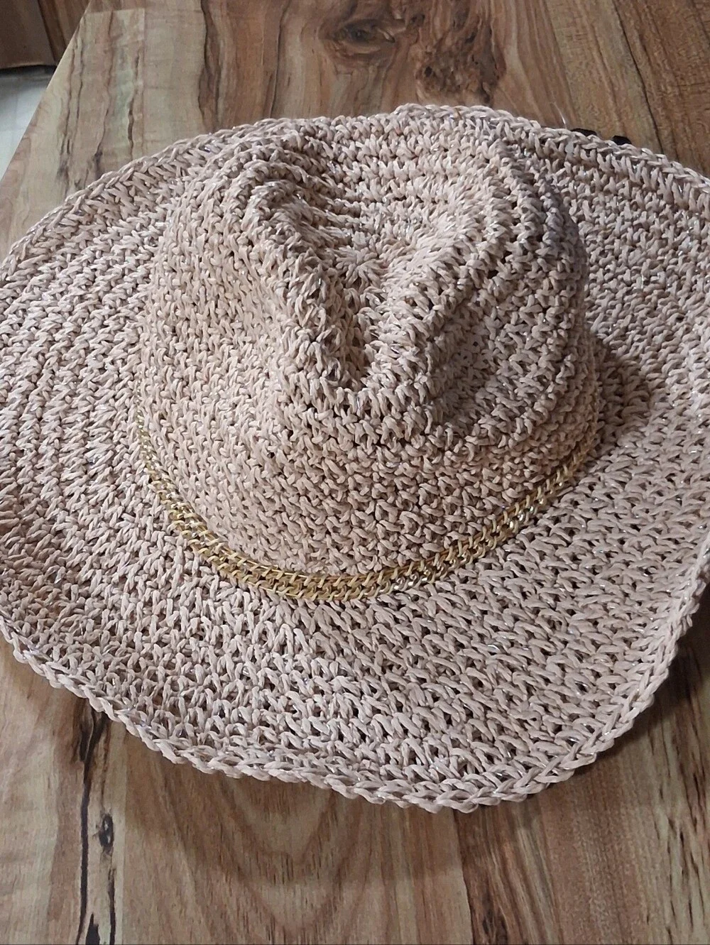 Able Beige Crochet Fedora with Gold Chain Trim